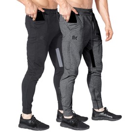 BROKIG Mens Gym Jogger Pants,Casual Slim Workout Sweatpants with Zipper Pockets Bodybuilding Athletic Pants(2 Pack-Black-Dary Grey,X-Large)