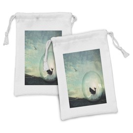 Ambesonne Whale Fabric Pouch Set of 2, Environmental Image with a Whale in an Egg near an Oil Part and Plane Artwork, Small Drawstring Bag for Toiletries Masks and Favors, 9" x 6", Multicolor