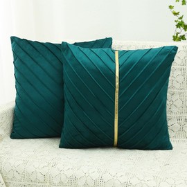 MissOwl Velvet Set of 2 Throw Pillow Covers with Gold Leather Home Decor Pillowcase Farmhouse Cushion Cover for Garden Couch Sofa Bed Living Room 18 x 18 Peacock Green