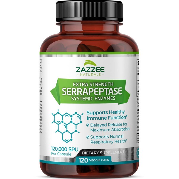 Zazzee Delayed Release Serrapeptase, 120,000 SPU per Capsule, 120 Vegan Capsules, 4 Month Supply, Extra Strength, Potent and Concentrated Systemic Enzymes, 100% Vegetarian, All-Natural and Non-GMO