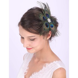 Anglacesmade Bridal Feather Hair Clip Peacock Feather Fascinator Feather Crystal Brooch for Wedding Prom Festival Party 20s Flapper Headpiece for Women and Girls