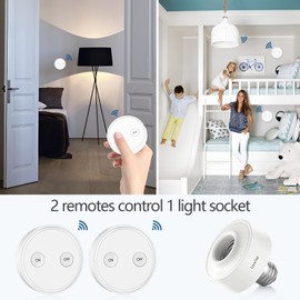 LoraTap Wireless Remote Control E26 Light Socket Adapter with 2 Remotes, 915MHz 656ft Range On Off Switch for LED Bulb and Fixture, 2 Years Warranty (2 Wall Switches + 1 LED Lamp Holder)