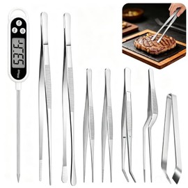 ALLFYL - 8 Piezas de Pinzas de Cocina de Acero Inoxidable con Termómetro Digital para Carne Kit de Utensilios de Cocina Profesional con Sonda de