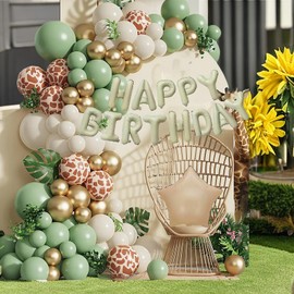WELQUI Sage Green Gold Balloons Garland Kit,86 pcs Olive Green Gold Giraffe Spots Balloons Arch for Birthday Baby Shower Bridal Shower Engagement Wild One Party Decor