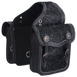 Leather Floral and Oak Leaf Tooled Saddle Bag - Black
