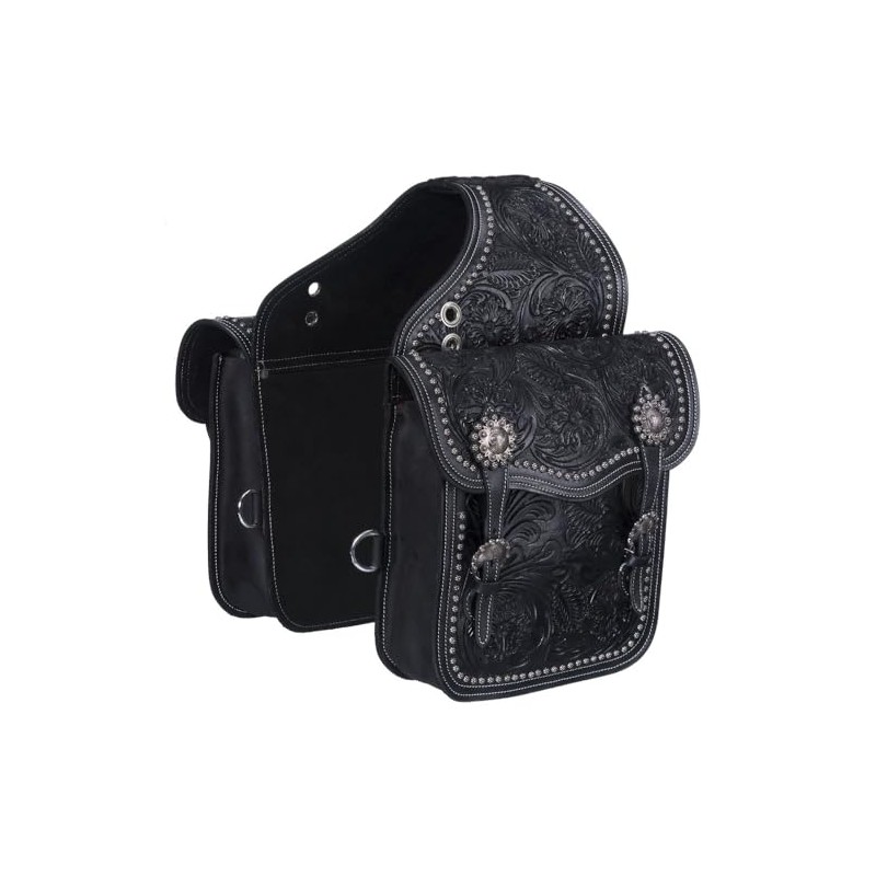 Leather Floral and Oak Leaf Tooled Saddle Bag - Black