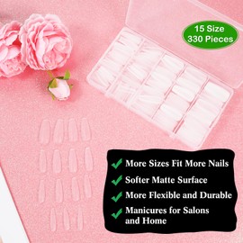 JSRQT 330Pcs French False Nail Tips with Guidelines, 15 Size Full Cover Matte Acrylic Pre-shaped Nail Art Tips, Coffin Oval Square Fake Nail Extension, Gel Nail Tips for Women Girl Nail Salon Manicure