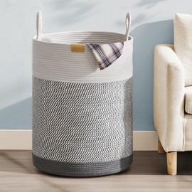 Nunsino Laundry Hamper 95L,Large Laundry Basket for Clothes,Decorative Storage Basket for Blankets,Cotton Rope Woven basket for bedroom,Grey White