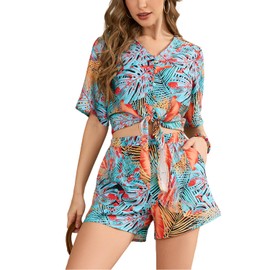 Molirex Shorts Sets Women 2 Piece Outfits Vacation Summer Button Down Shirt Twist Knot V Neck Tracksuits Hawaii Tropical Print Resort Wear 2025 Floral Blue M