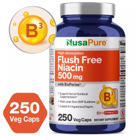 NusaPure Flush Free Niacin 500mg 250 caps (Vegan,Non-GMO & Gluten Free)