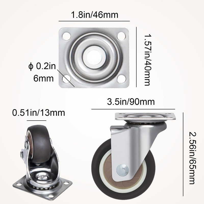 Small Caster Wheels, 2.0 Inch Low Profile Casters and Top