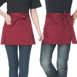 Colexy Premium Vorbinder Pack of 2 Waiter's Apron Waist Apron with 3 Pockets Baking Apron Waist Aprons Cooking Apron for Bistro Restaurant Hotel Cafe Chef Waiter Cleaning Painting Gardening, darkred