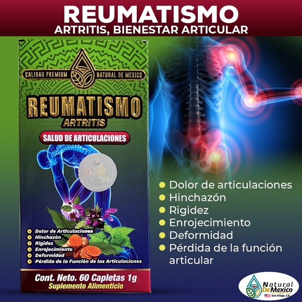 Natural de Mexico USA Suplemento Reumatismo Artritis Dolor de Articulaciones Hinchazon Rigidez Enrojecimiento Deformidado
