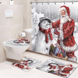 KUWUNG 4 Pcs Christmas Bathroom Set with Non-Slip Rugs, Toilet Lid Cover, Bath Mat and Christmas Shower Curtain with 12 Hooks for Bathroom Christmas Decoration