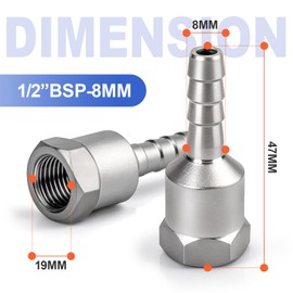 Bwintech Pack of 10 Stainless Steel Hose Fittings, 1/2 Inch BSP Female Thread x 8 mm Hose Connector with 10 Pieces Clamps