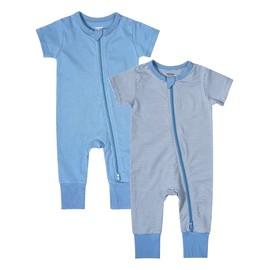 Teach Leanbh Baby Boys Girls 2-Pack Romper Jumpsuits Cotton 2 Way Zipper Short Sleeve Footless Sleep and Play 3-24 Months (Blue, 3-6 Months)