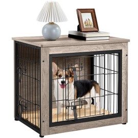 Topeakmart 27.5″ Dog Crate Furniture with Cushion Wooden Dog Crate End Table with Double Door Small Dog Crate Dog Kennel Indoor for Puppy Dog House Pet Crates for Dogs, Grey