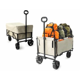 Foldable Wagon Cart with Wheels: Heavy Duty Outdoor Utility Carts with Adjustable Height Handle and Side Pockets for Groceries, Shopping, Garden, Camping, Sports Large Capacity - Khaki