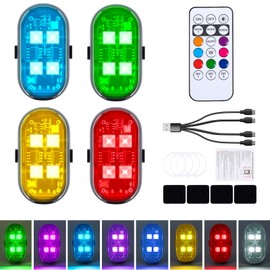 4PCS Wireless LED Lights with Remote Control, Upgraded 4LEDs 8 Colors, Interior Underglow Anti Collision Warning Strobe Light for Car Motorcycle Bike Drone Aircraft