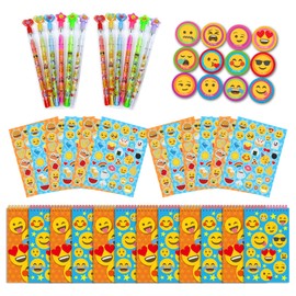 TINYMILLS Emoji Birthday Party Favor Set - 12 Emoji Pencils, Stampers, Sticker Sheets, Notepads