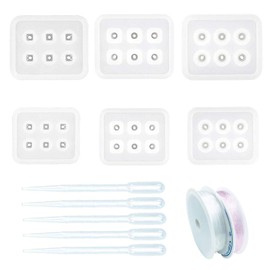 Woohome 6 PCS Diamond Beads Resin Molds with Hole, 5 PCS Droppers and 2 Roll String for Gemstone Cabochon Jewelry Casting