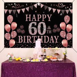 60th Birthday Decorations for Her, Rose Gold 60th Birthday Backdrop for Women, 180 * 110cm Glitter Happy 60 Bday Banner Party Supplies Photography Supplies Background (60)