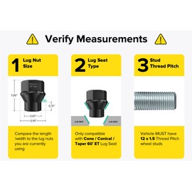 24pcs Black Open ET Lug Nuts - Metric 12x1.5 Thread Size - 1 inch Length - Extended Threads - Cone Conical Taper Seat Shank - Compatible with Select 6Lug Vehicles and Aftermarket Wheels