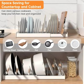 Organizador expandible de ollas y sartenes para gabinete, organizador de tapa de ollas con 7 divisores ajustables de acero inoxidable para organizador de gabinetes de cocina y almacenamiento
