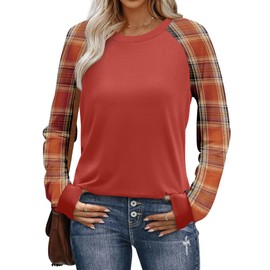 WIHOLL Womens Early Fall Fashion 2025 Color Block Long Sleeve Shirts for Women Casual Fall Outfits for Women 2025 Winter Clothing School Outfits for Teachers Work Office Clothes Rust Orange Plaid L