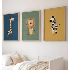 Set of 3 Safari Animal Wall Art Prints – Giraffe, Lion, Zebra – Cute and Playful Animal Nursery Decor for Kids’ Room, Playroom, children's room wall art