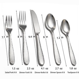 Hammered Silverware Set, 40 Piece Stainless Steel Heavy Duty Flatware Set for 8, Food-Grade Tableware Cutlery Set for Home Restaurant, Mirror Polished, Dishwasher Safe