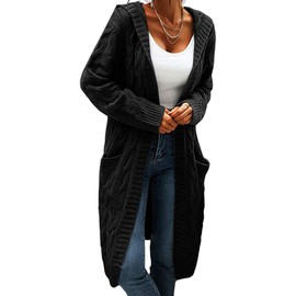 GeGekoko Women's Cardigan with Hood and Pockets, Casual, Long-Sleeved Chunky Knit Cardigan with Open Front, for Autumn, Winter, black