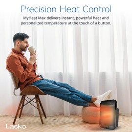 Lasko MyHeat Max Personal Ceramic Space Heater, Tip Over Switch, Overheat Protection, 2 Heat Settings, Adjustable Thermostat, Timer, for Indoor Use, Home, Office, 9 Inches, 1500W, Black, CD09101