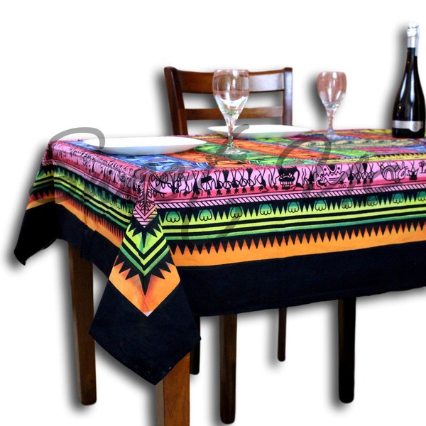 India Arts Cotton African Tribal Print Tablecloth Rectangle 60x85 Blue Green Orange Pink Black