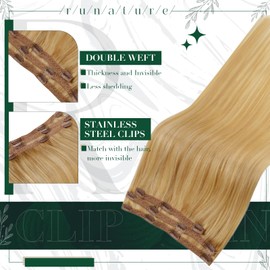 RUNATURE Clip in Human Hair Extensions Clip in Hair Extensions Real Human Hair Blonde Clip in Hair Extensions Remy Clip in Extensions Golden Blonde Highlight Light Blonde Clip Ins 16 Inch 50g 3pcs