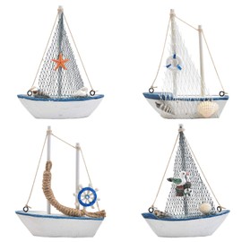 BUYGOO Mini Sailboat Model Decoration - 4-Piece Wooden Miniature Sailing Boat Home Decor Set