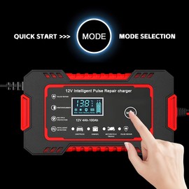 Mandark Car Battery Charger, 12V 6A Smart Fully Automotive Battery Trickle Charger, Portable Vehicle Battery Maintainer Desulfator with Temperature Compensation, Universal for SUV RV Truck (Red)