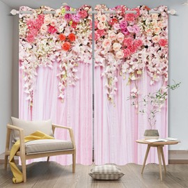 Yeele Pink Florals Blackout Curtains, Grommet Print Rose Flowers Pattern Pink Darkening Curtain for Living Room Bedroom Decor Window Curtain 2 Panel Set, 26x63inches