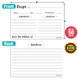 HerZii Prints Recipe Cards Double Sided - (Set of 50) Thick Premium Card Easy to Write -From the Kitchen of-for Bridal, Baby Shower, Weddings, Graduation and Mother’s Day (3x5 inches, White)