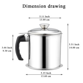 Kyraton Bacon Grease Container With Strainer, 48 oz Stainless Steel Oil Container, Pot Fat Storage With Lid, Easy Grip Handle Suitable For Storing Frying Oil And Cooking Grease 1. Silver