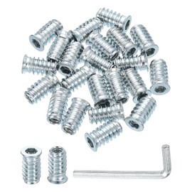 sourcing map 25 Pcs Threaded Insert for Wood, 1/4" - 20 Carbon Steel Threaded Studs Hex Socket Drive Nut Inserts Screw in Nut Fastener Connector with Hex Wrench 20mm Length for Home, Silver