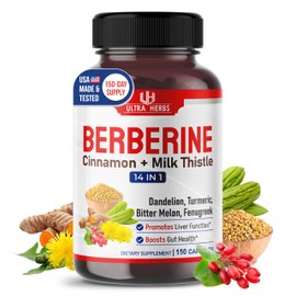 Ultra Herbs Premium Berberine with Cinnamon, Milk Thistle *USA Made & Test* Promotes Liver Function, Gut Health, Immunity (150 Count (Pack of 1))