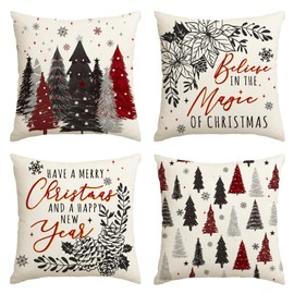 AVOIN colorlife Believe in The Magic Christmas Trees Poinsettia Snowflake Eucalyptus Throw Pillow Covers, 18 x 18 Inch Xmas Winter Holiday Cushion Case Decoration for Sofa Couch Set of 4