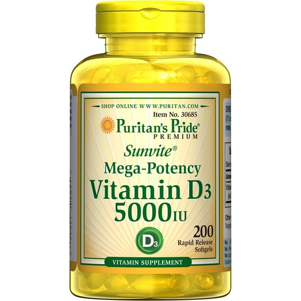 Sunvite Mega Potency Vitamin D3 5000 IU 3 Pack Total of 600 Rapid Release Softgels by Puritan's Pride