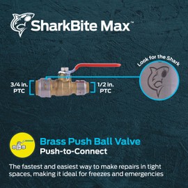 SharkBite Max 3/4 x 1/2 in PTC Reducing Ball Valve, Push-to-Connect Brass Water Shut-Off Plumbing Fitting, UR22973