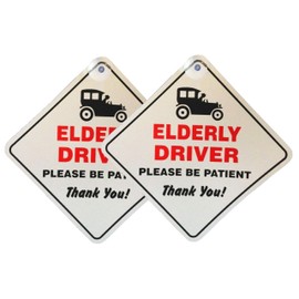 Tek Automotive Elderly Driver Please Be Patient Car Sign | Funny Car Accessories Twin Pack | 5.5" x 5.5" with Suction Cup | Unique Car Gift for Senior Drivers | Car Stickers and Decals