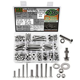 CO-RODE 236PCS 1/4-20, 5/16-18, 3/8-16 Heavy Duty Bolts and Nuts Assortment Kit,SAE Flat Washers, Lock Washers,304 Stainless Steel,10 Most Common Sizes