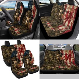 Fipuivrn Deer Camo American Flag Pattern Car Seat Covers Full Set, 13 Pieces Car Accessories with 1 Steering Wheel Cover, 4 Seat Belt Covers and 4 Waterproof Coasters Universal Fit for SUV