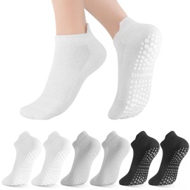 Zuimei 6 Pairs Pilates Yoga Socks for Women Non Slip Grip Sock ReformerGrippy Breathable Cotton Sock for Women Ladies Barre Fitness Dance Ballet Hospital Home-Black,White,Grey