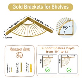 Z metnal Shelf Brackets, 250mm Brass Golden Metal Shelves Bracket, Wall Decor, Modern Shelving Bracket for DIY Floating Shelves, Gold,2 Pcs